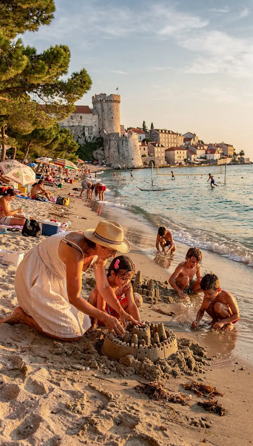 Obiteljski piknik na travnatoj površini uz obalu s pogledom na tirkizno more i plitku plažu.