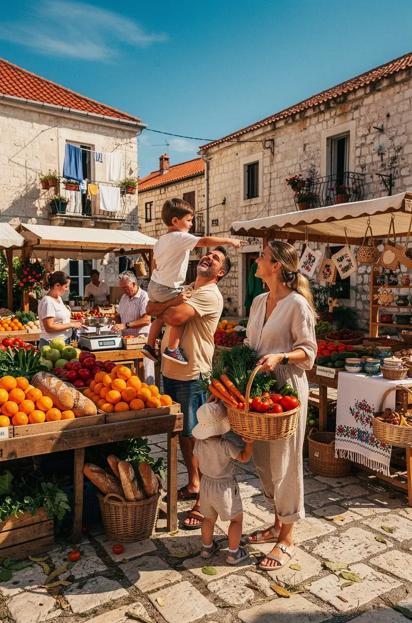 Ilustracija jednostavnog dnevnog rasporeda s aktivnostima prilagođenim obiteljima i mladim putnicima.